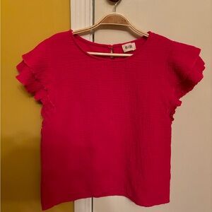 BiBi Women’s Medium Hot Pink Waffle Top with Ruffled Sleeves